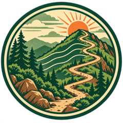 Gaining Altitude badge: a trail winding up a forested mountain.
